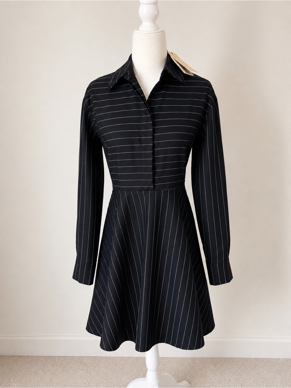 NWT Stella McCartney Black with White Pinstripe Long-Sleeve Fit & Flare Dress